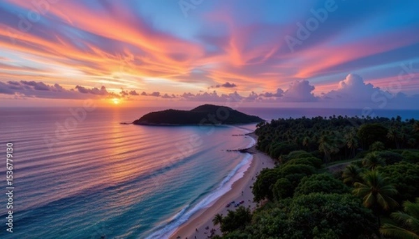 Fototapeta Vibrant Sunset Over Tranquil Ocean with Island and Lush Palm Trees in Tropical Paradise