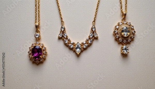 Fototapeta Three Exquisite Gold Necklaces Adorned With Colorful Gems Displayed On a Soft Background