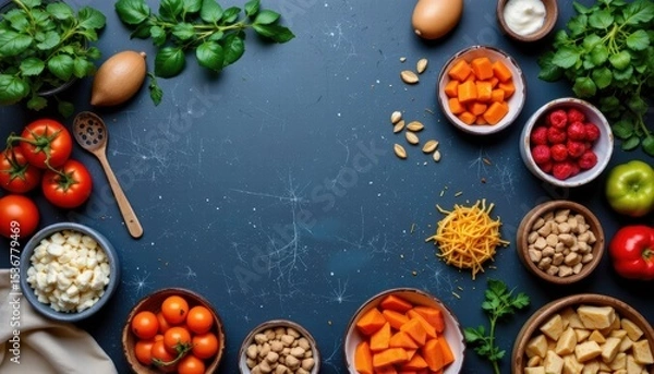 Fototapeta Fresh Vegetables and Ingredients Arranged for Meal Preparation on Dark Background in a Kitchen Setting