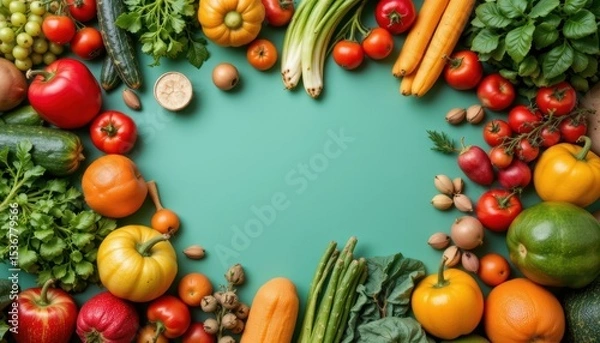 Fototapeta Colorful Arrangement of Fresh Vegetables and Fruits on a Turquoise Surface with Vibrant Colors