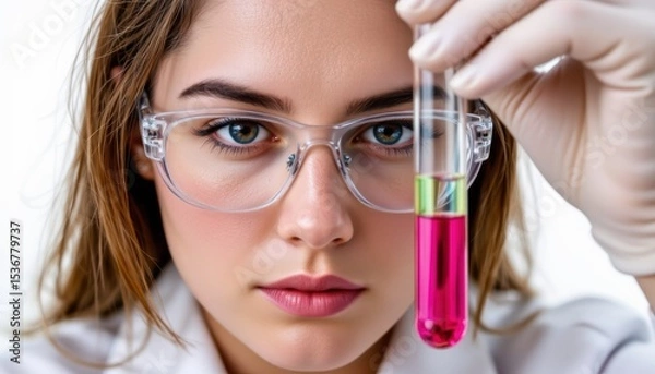 Fototapeta Female Scientist in Laboratory Holding Test Tube with Bright Pink Liquid and Observing Carefully