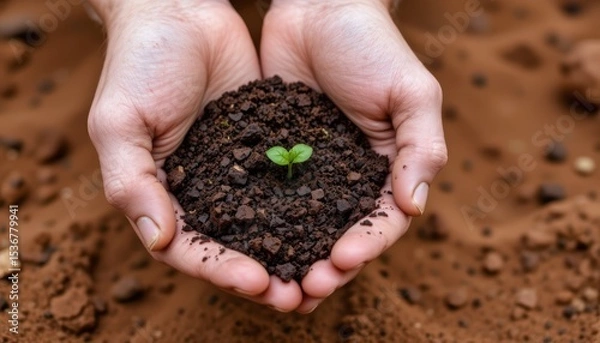 Fototapeta Hands Cradling Fresh Soil With a Small Green Seedling Symbolizing Growth and Nurturing Nature