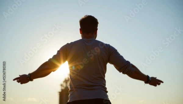 Fototapeta Silhouette of a Man with Outstretched Arms Against a Sunset Sky Symbolizing Freedom and Serenity