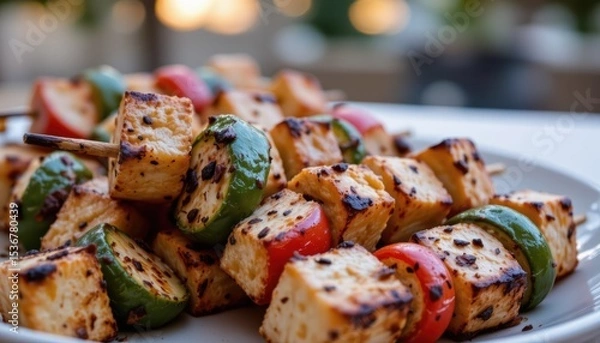 Fototapeta Colorful Grilled Vegetable And Tofu Skewers Served On A Plate In An Outdoor Dining Setting