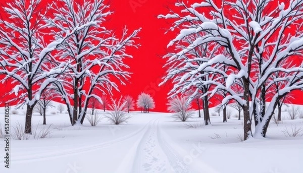 Fototapeta Snowy Winter Landscape with Bare Trees and Vivid Red Sky Creating a Striking Contrast