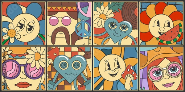 Fototapeta Eight mini posters in groovy style with various cartoon characters. Vector set