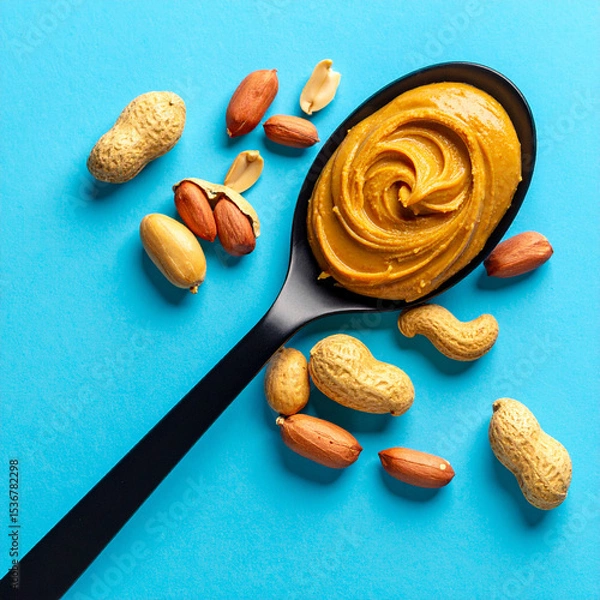 Fototapeta A spoon with smooth peanut butter surrounded by whole and shelled peanuts on a bright blue background