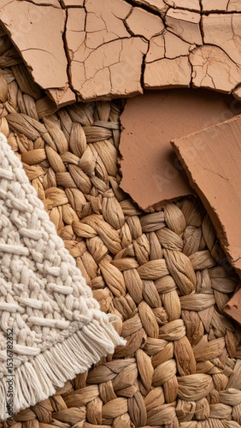 Fototapeta Earthy textures of cracked clay and woven materials with a fringed fabric, interior design moodboard