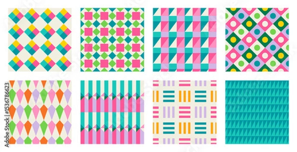 Fototapeta Set of Essential geometric printable seamless pattern with abstract Minimal elegant line form stroke shapes in vibrant colors. Modern simple background in minimalist mid century style vector wall art