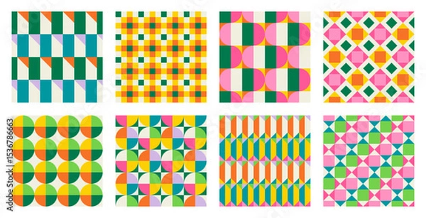 Fototapeta Set of Essential geometric printable seamless pattern with abstract Minimal elegant line form stroke shapes in vibrant colors. Modern simple background in minimalist mid century style vector wall art
