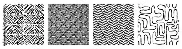 Fototapeta Set Aesthetic Contemporary printable seamless pattern with abstract line, dot, shape brush stroke in black and white colors. Boho background in minimalist style vector Illustration for wallpaper