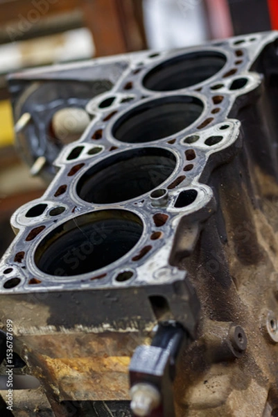 Obraz Automotive Engine Parts: Cylinder Head, Engine Block, Crankshaft, Pistons. Overhaul at Car Service.