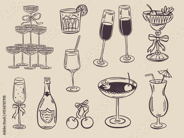 Fototapeta Whimsical hand drawn bar menu illustrations in trendy whimsical style. Perfect doodle for quirky italian wedding holiday, poster, dinner and bar menu, bachelorette party, birthday invitation, sign.