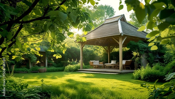 Obraz Tranquil Garden with Sunlit Gazebo and Lush Green Foliage

