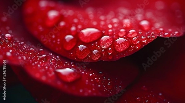 Fototapeta Close-up view of a red rose petal covered in water droplets