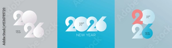 Fototapeta Clean and modern 2026 New Year logos featuring overlapping numerals in white, blue, and coral tones with minimalist layouts and gradients, perfect for holiday greetings or seasonal branding