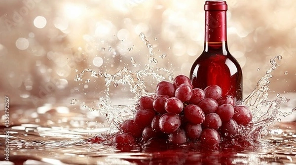 Fototapeta Red wine bottle and grapes in water splash