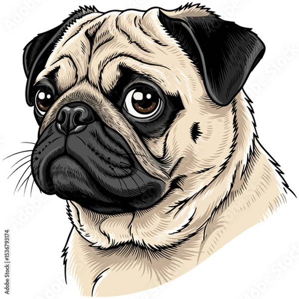 Fototapeta Image of a pug in portrait style, illustration of a pug breed dog with beautiful eyes.