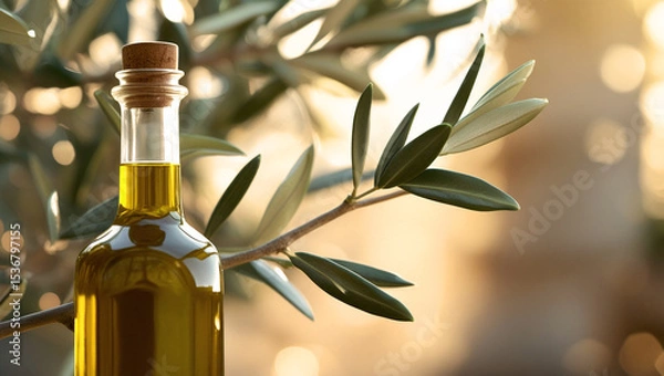 Obraz Fresh Olive Oil Bottle with Olive Branch in Natural Sunlight
