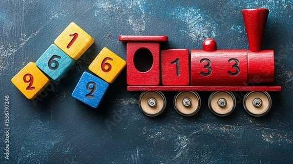 Fototapeta Wooden train toy with number blocks (1)