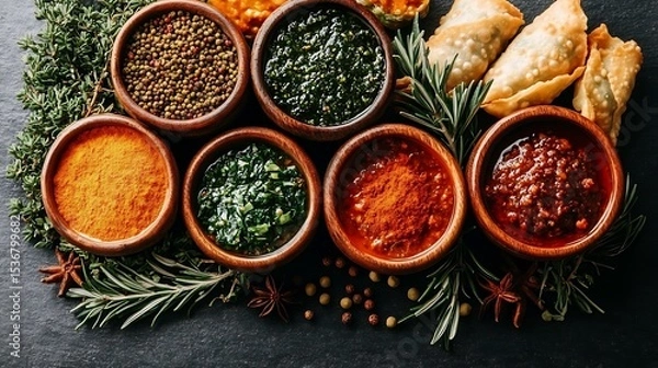 Obraz Assortment of culinary delights: spices, herbs, sauces and crispy dumplings