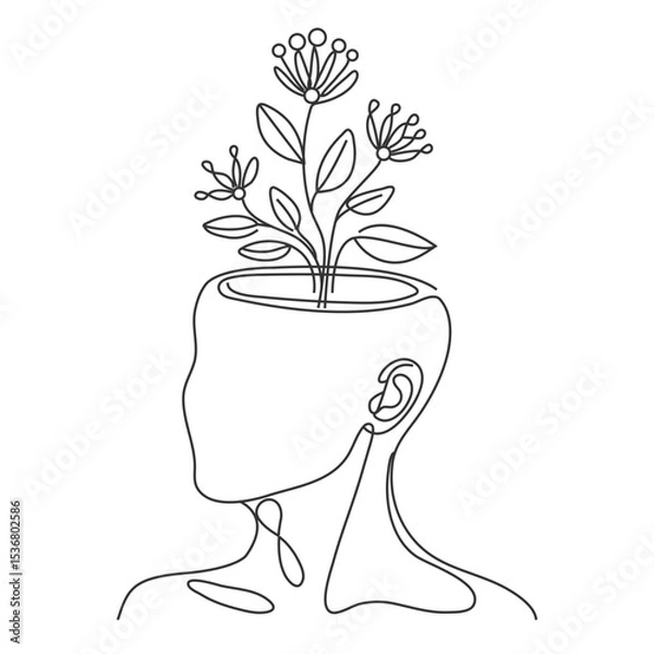 Fototapeta Personal goals concept. Single line draw design. Inside the head vector with tree symbol illustration. New flat trendy icon.