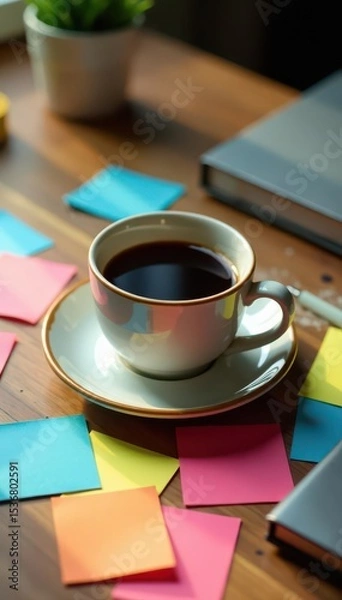 Obraz Scattered notes surround a ceramic coffee cup on a desk, objects, organized chaos, paper