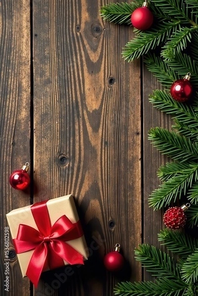 Obraz Rustic wooden background, gift with ribbon, copy space, bow, bowknot