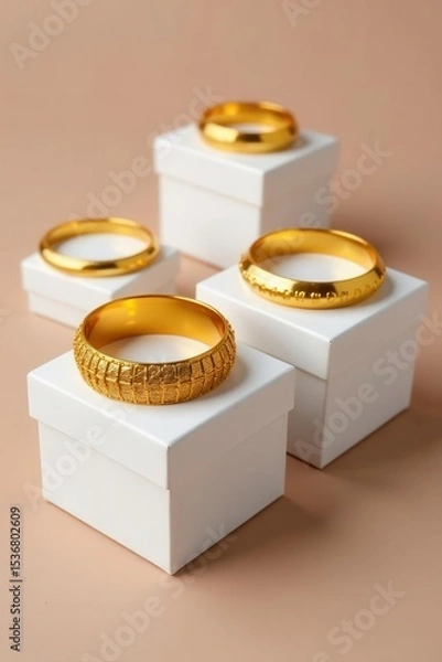 Obraz Several golden bracelets artfully displayed on small white gift boxes , gold bracelets, product shot, e-commerce