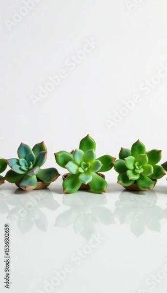 Obraz Several small succulents in neat row on pristine white surface , plants, website