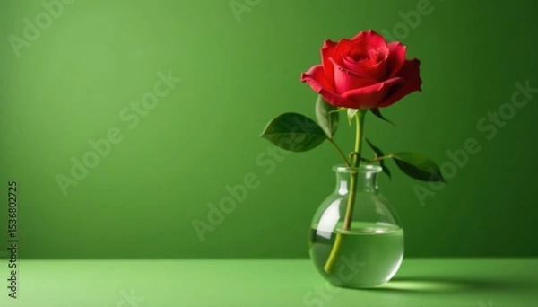 Obraz Single red rose in glass vase, olive green backdrop Focus on bloom, ample copy space , detail, copy space