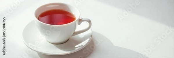 Obraz Single white teacup with red tea, isolated White table, ample copy space , classic, warm
