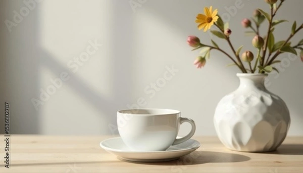 Obraz Sleek white ceramic coffee set & vase Contemporary interior scene, simple tabletop styling , decor, object