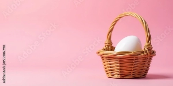 Obraz Single wicker basket, one egg; pastel pink background, soft, graphic, organic