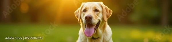 Obraz Smiling Labrador retrieves package, tongue out, post, delivery, happy