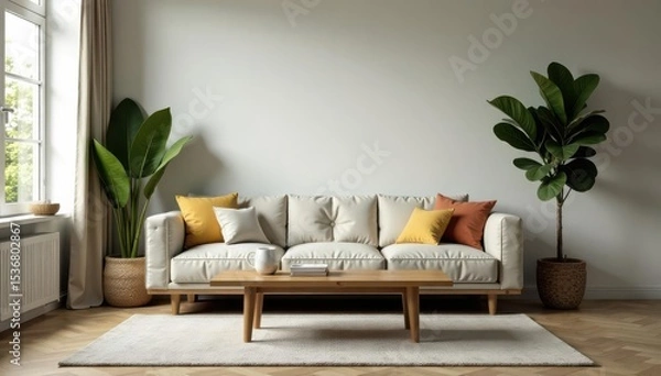 Obraz Spacious living room, comfy sofa, rustic wooden table, leafy plant , design, room, aesthetic