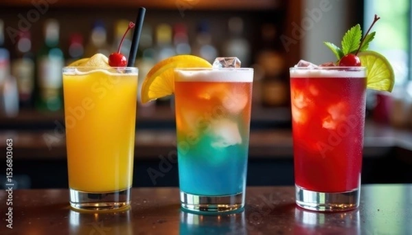 Obraz Three colorful cocktails with garnishes, displayed on a blurred bar counter , glass, citrus, exotic