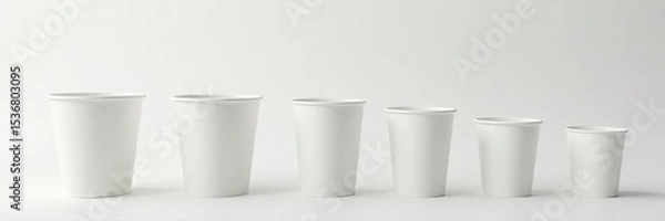 Fototapeta Various empty cups, different sizes, on pristine white surface , modern, various