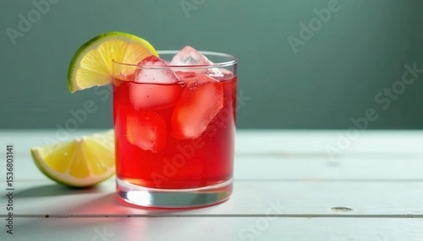 Obraz Vibrant red cocktail, ice, lime wedge on white wood , beverage, overhead shot, garnishing