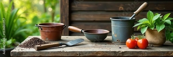 Obraz Vintage gardening tools arranged on weathered spring wood table , aged, spade