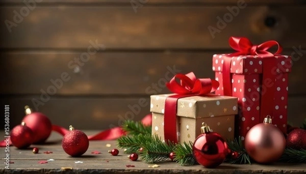 Obraz Warm wood backdrop, wrapped gifts, glittering ornaments, festive arrangement, texture, decorations, bow