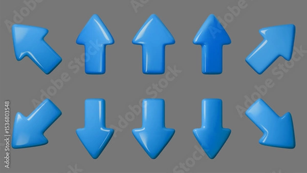 Obraz Blue 3D arrows vector illustration on a gray background, showcasing various directions for infographic, navigation, and web design needs. Perfect for UI UX projects and digital interfaces.