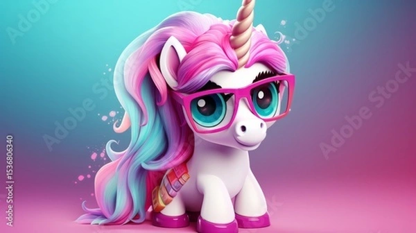 Obraz Colorful unicorn character with vibrant pink and blue hair, wearing oversized glasses, sitting against a soft gradient background, embodying a playful and whimsical atmosphere