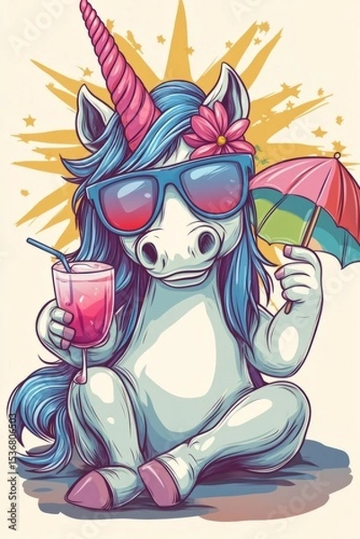 Obraz Colorful unicorn illustration wearing sunglasses, holding a tropical drink with an umbrella, surrounded by vibrant stars, embodying a fun and whimsical summer vibe