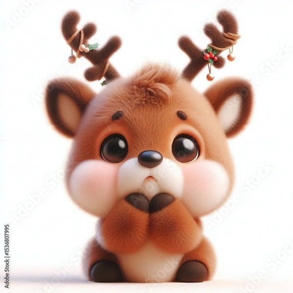 Obraz 3D realistic adorable fluffy funny reindeer expression on a white background, Christmas theme
