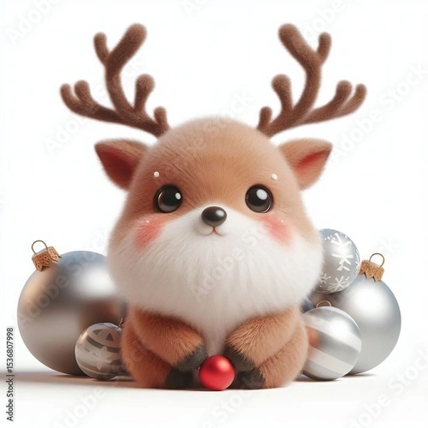 Obraz 3D realistic adorable fluffy funny reindeer expression on a white background, Christmas theme
