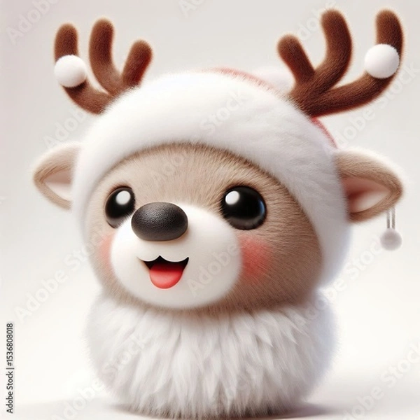 Obraz 3D realistic adorable fluffy funny reindeer expression on a white background, Christmas theme