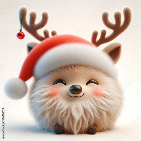Obraz 3D realistic adorable fluffy funny reindeer expression on a white background, Christmas theme
