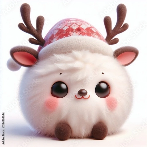 Obraz 3D realistic adorable fluffy funny reindeer expression on a white background, Christmas theme