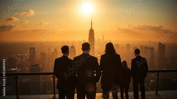 Fototapeta People and network, silhouette of people looking at a city to learn more about business